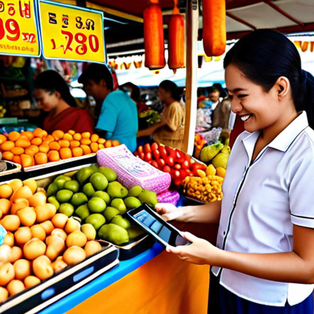 ** A bustling marketplace scene in Thailand. A friendly shop owner is diligently responding to customer reviews on a tablet, surrounded by colorful Thai products (fruits, fabrics, handicrafts). Focus is on warmth, good customer service, and modern technology. "Prompt: Lively Thai market stall. Owner smiles, replies to reviews on tablet. Vibrant products all around. Focus on customer service and technology."

**