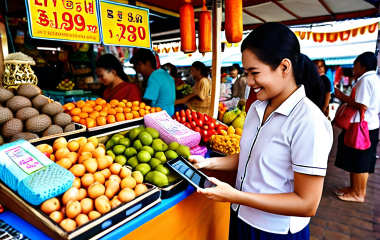 ** A bustling marketplace scene in Thailand. A friendly shop owner is diligently responding to customer reviews on a tablet, surrounded by colorful Thai products (fruits, fabrics, handicrafts). Focus is on warmth, good customer service, and modern technology. "Prompt: Lively Thai market stall. Owner smiles, replies to reviews on tablet. Vibrant products all around. Focus on customer service and technology."

**